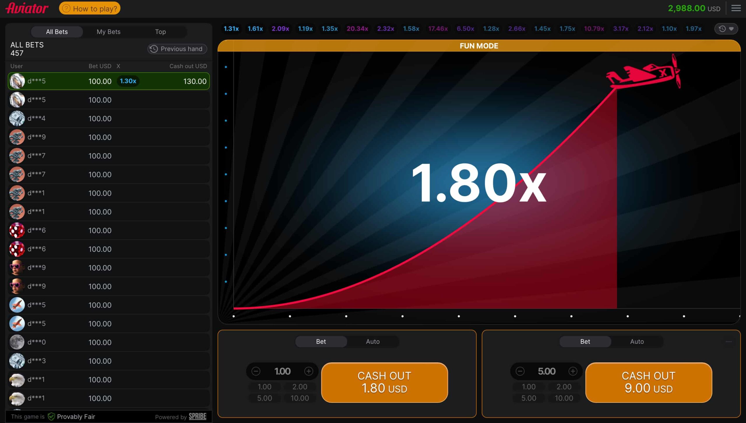 Interface du jeu aviator montrant la courbe de multiplication et les boutons de pari.